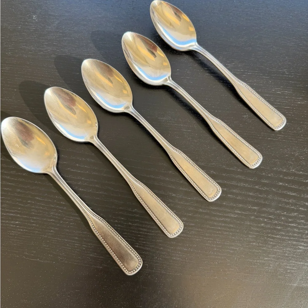 Harbourtown 5 Vintage Stainless Steel Japan Beaded Handle Oval Soup Spoons 71/8”
